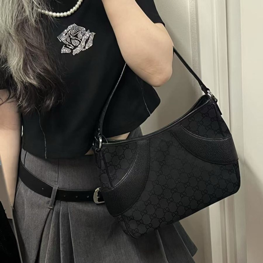 「JL精品代購」Gucci黑色帆布拼皮手提腋下托特包-2