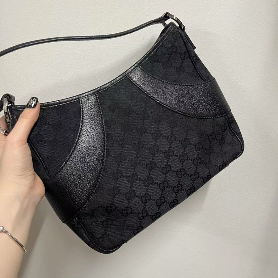 「JL精品代購」Gucci黑色帆布拼皮手提腋下托特包-3