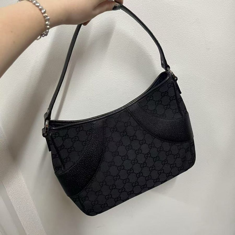 「JL精品代購」Gucci黑色帆布拼皮手提腋下托特包-4