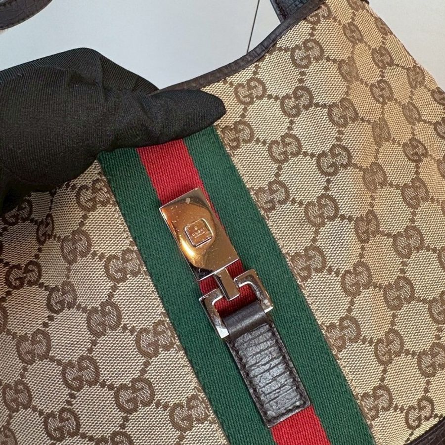 Gucci 咖皮邊綠紅綠緹花布賈姬肩側包-4