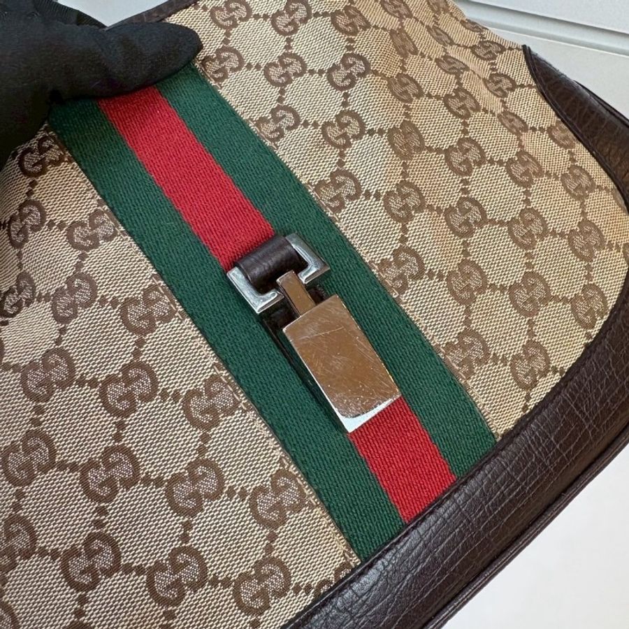 Gucci 咖皮邊綠紅綠緹花布賈姬肩側包-5