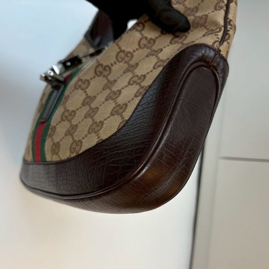 Gucci 咖皮邊綠紅綠緹花布賈姬肩側包-6