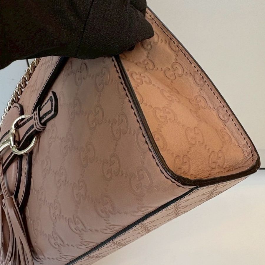 Gucci 淡金鍊膚色皮革壓紋口蓋肩背包-13