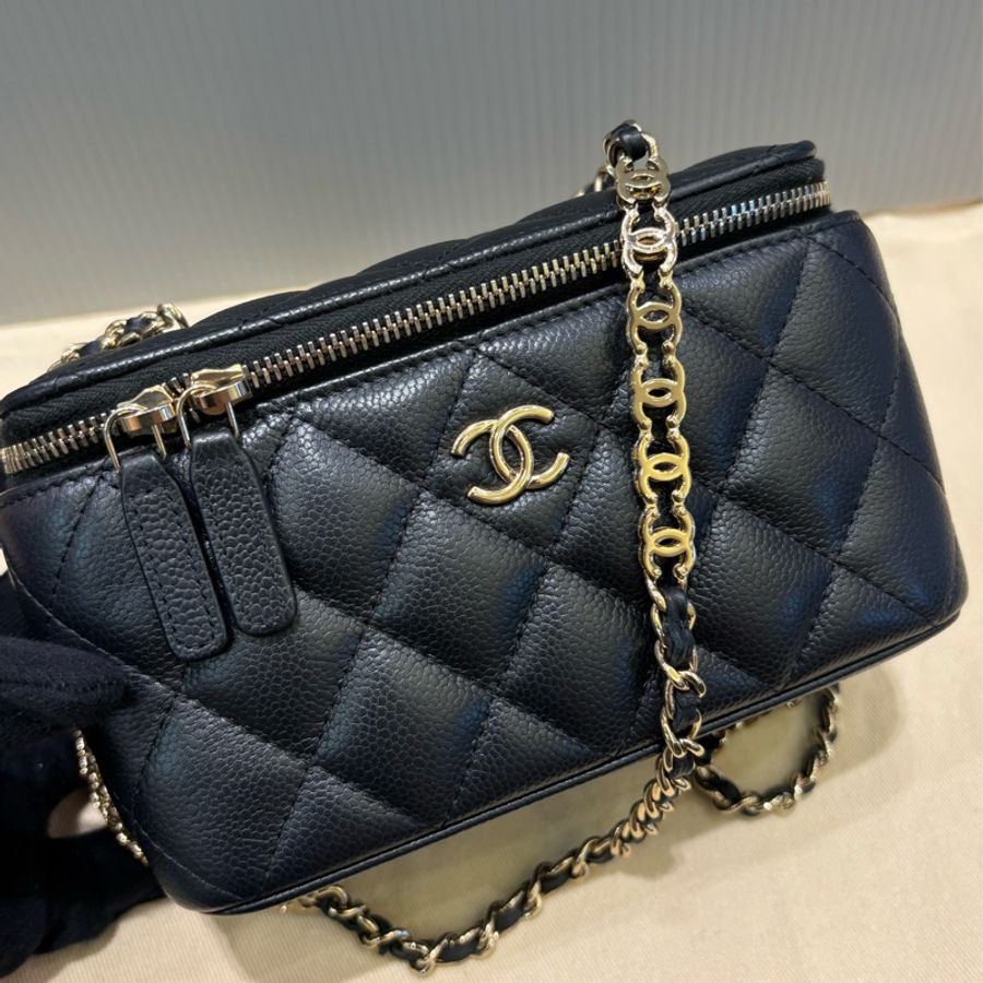 Chanel 黑金荔枝牛皮 特殊立體雙層鏈 長盒子-2