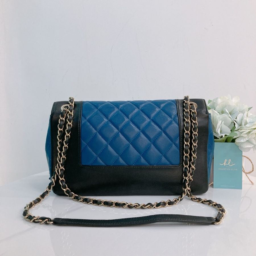 MS0281 香奈兒 絕版款 中號 雙蓋 黑拼軍藍 牛皮Chanel Mademoiselle Medium 28 Cm Seasonal Double Flap Calfskin-1