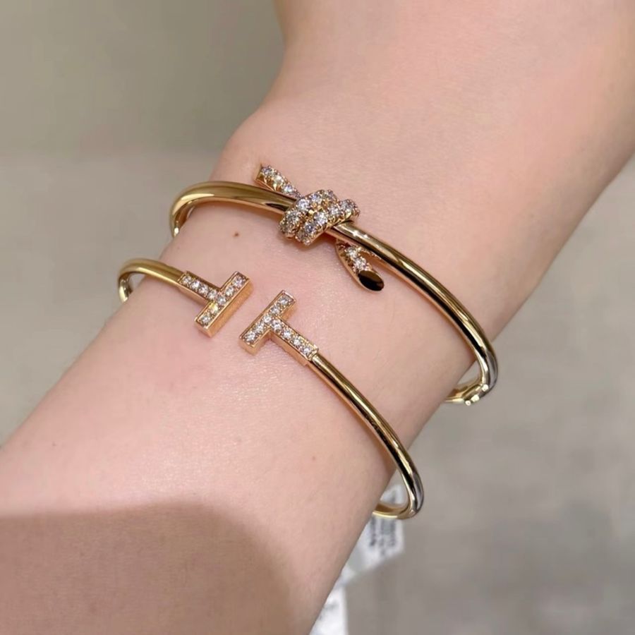 TIFFANY & CO.蒂芙尼 T 系列 鑲鑽線圈 開口 18k玫瑰金 手鐲-3