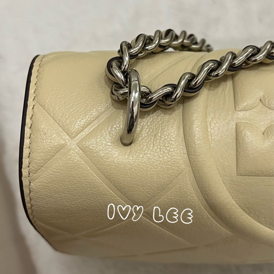TORY BURCH Fleming 菱格鑽石紋 絎縫鏈帶斜背包 肩背包 奶油色 淡黃 正品 二手精品-3