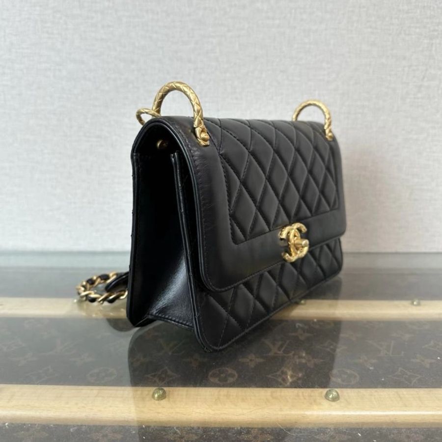 CHANEL 黑金雙金環黛妃肩背斜背包20*13*5.5 98新配件塵袋-1
