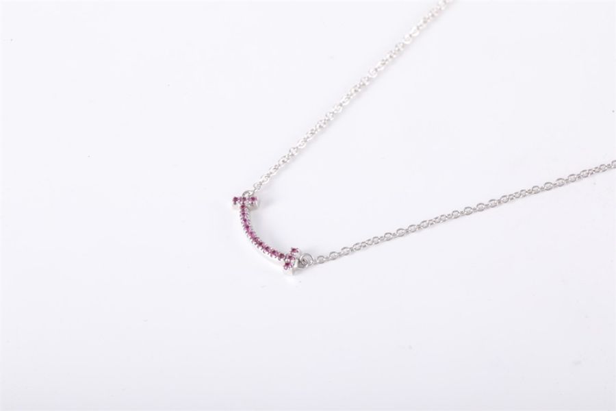 TIFFANY&CO(蒂芙尼) Tiffany T 微笑項鏈 mini 滿鑽 18k白金 18K白金/鑽石 項鏈 白金 粉鑽-1