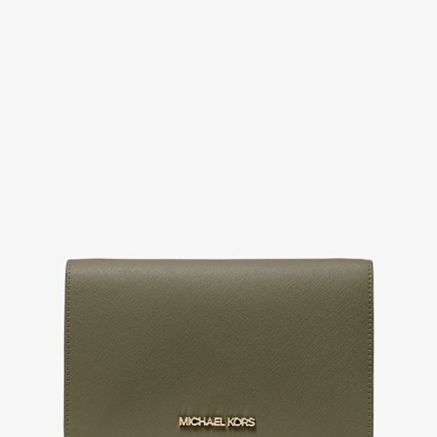 Michael Kors金屬LOGO多功能防刮皮革釦式可拆手拿斜背包 WOC(橄欖綠)-4
