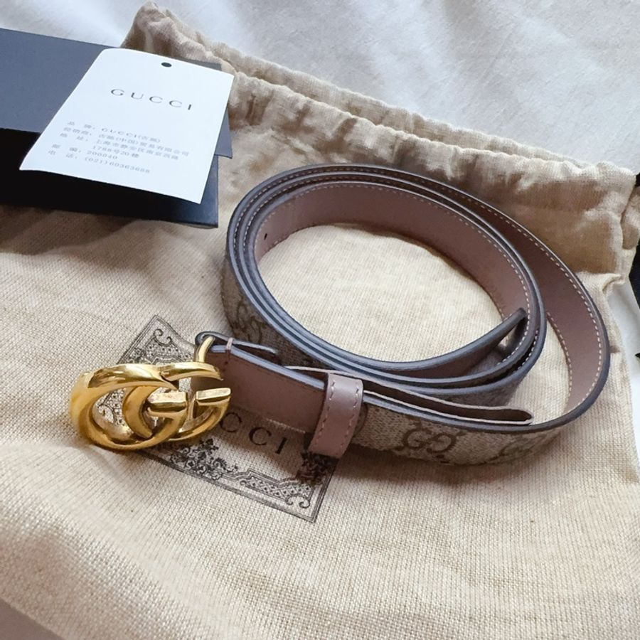 二手正品Gucci GG Marmont 經典雙G皮帶釦印花窄版穿釦式皮帶 105芋粉色 Gucci皮帶 Gucci腰帶-0