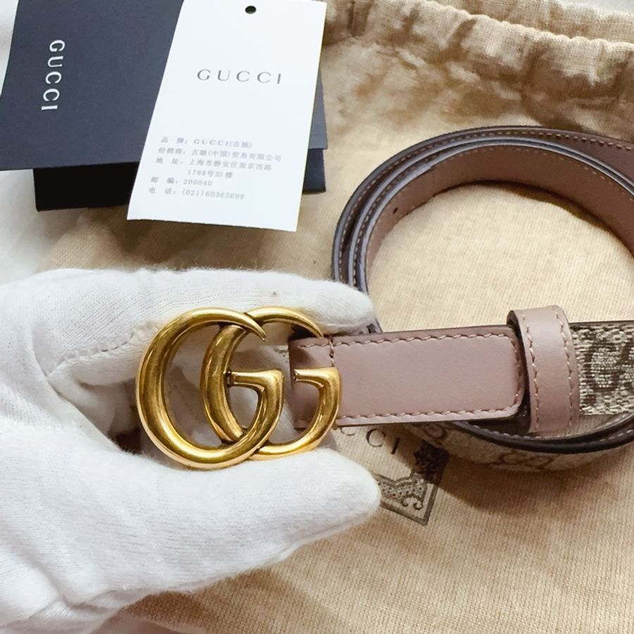 二手正品Gucci GG Marmont 經典雙G皮帶釦印花窄版穿釦式皮帶 105芋粉色 Gucci皮帶 Gucci腰帶-1
