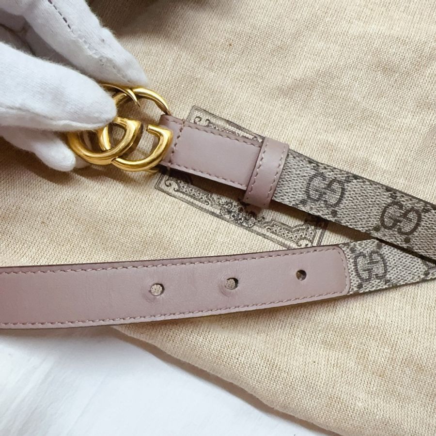 二手正品Gucci GG Marmont 經典雙G皮帶釦印花窄版穿釦式皮帶 105芋粉色 Gucci皮帶 Gucci腰帶-10