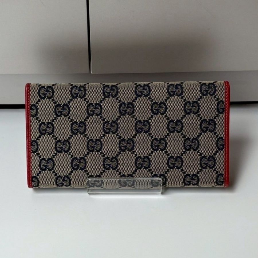 Gucci 紅皮邊藍緹花布下蓋長夾-1