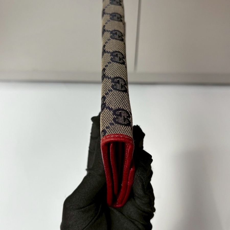 Gucci 紅皮邊藍緹花布下蓋長夾-5
