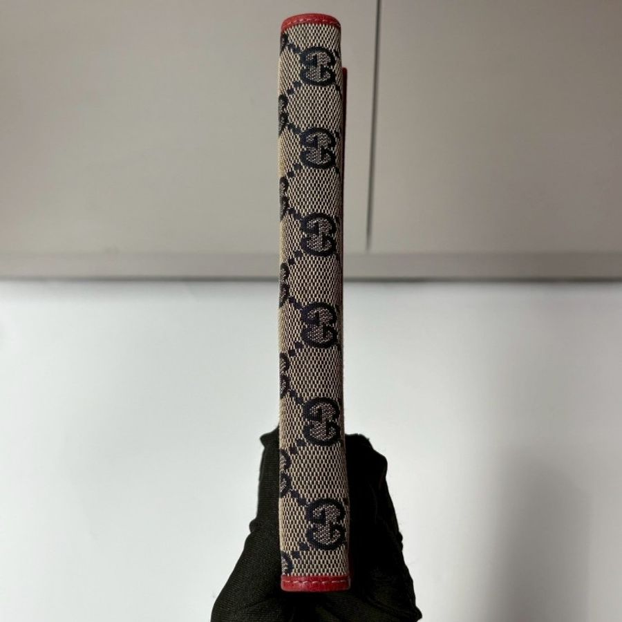 Gucci 紅皮邊藍緹花布下蓋長夾-9