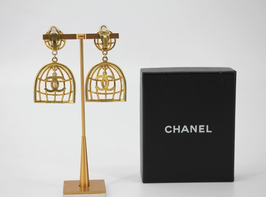 Chanel Vintage 92年鍍金鳥籠耳環-1