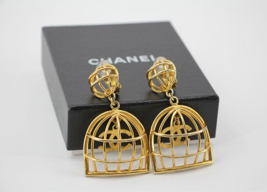 Chanel Vintage 92年鍍金鳥籠耳環-2
