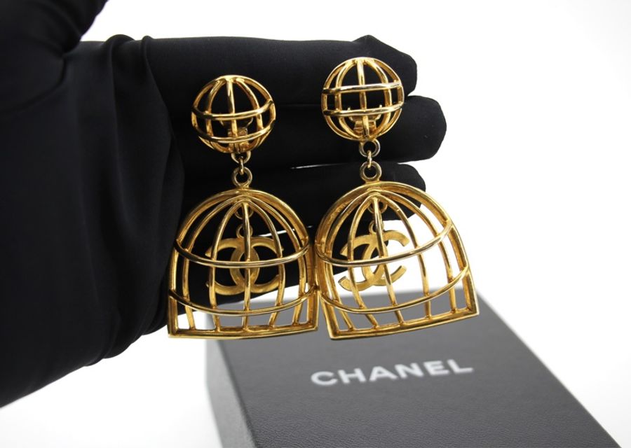 Chanel Vintage 92年鍍金鳥籠耳環-3