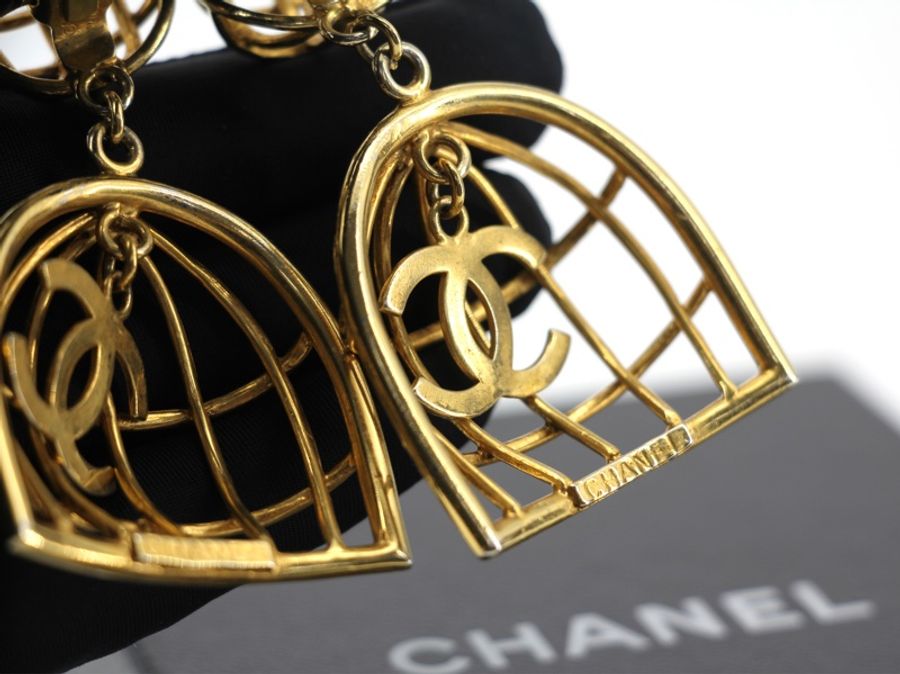 Chanel Vintage 92年鍍金鳥籠耳環-5