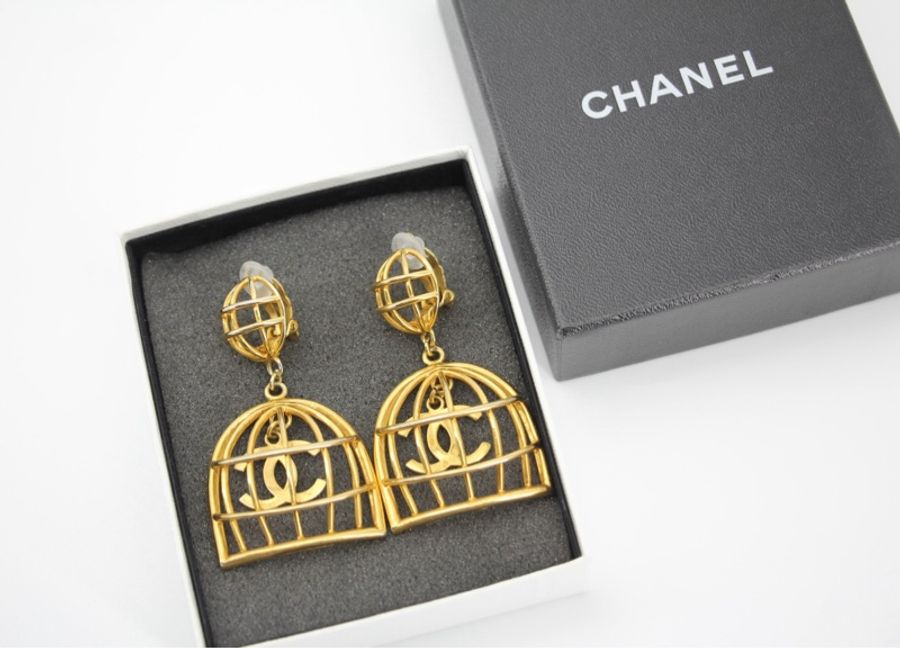Chanel Vintage 92年鍍金鳥籠耳環-9