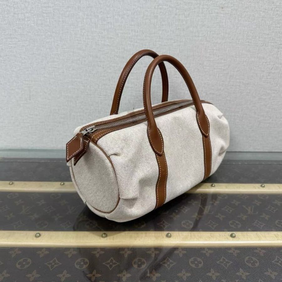HERMES polochon銀扣帆布手提包30*12.5*12.5 98新-1