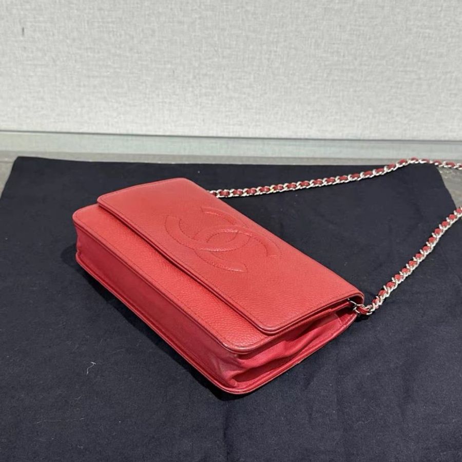 CHANEL 紅銀雙C大logo荔枝牛woc鏈條包 19*12*4 98新配件盒子塵袋-4