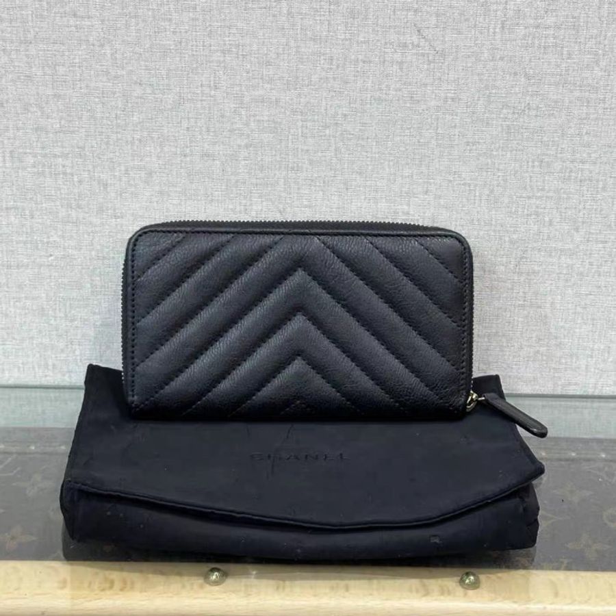 CHANEL 黑金V紋拉鍊錢包 15*9*2 98新 配件塵袋保卡-5