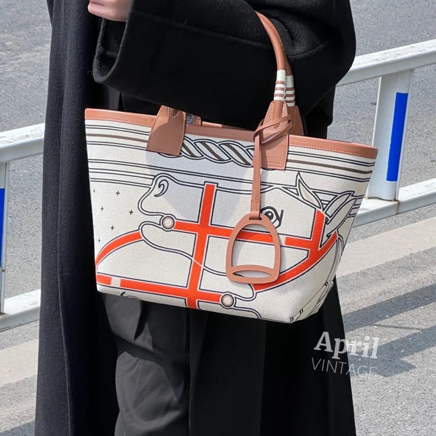 hermes 愛馬仕 Steeple 25 bag 米色 H Plume 帆布 Swift小牛皮 托特包 手提包 肩背包-11