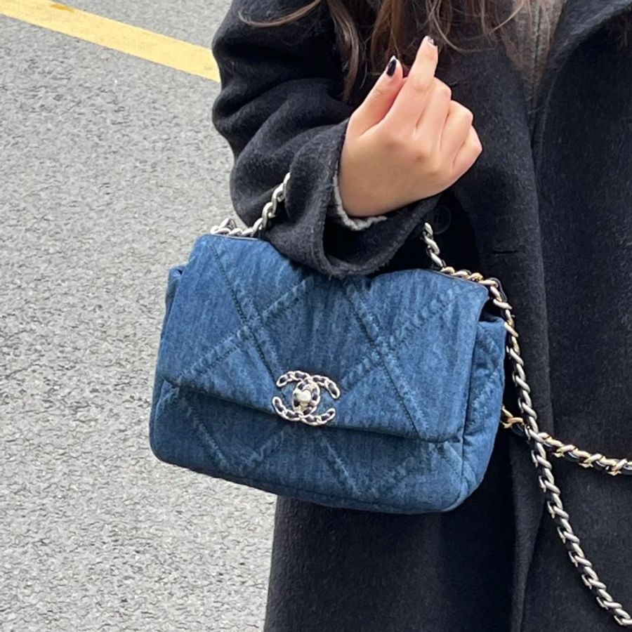 99新🆕Chanel丹寧牛仔款深藍小號19bag手提斜款單肩包-4