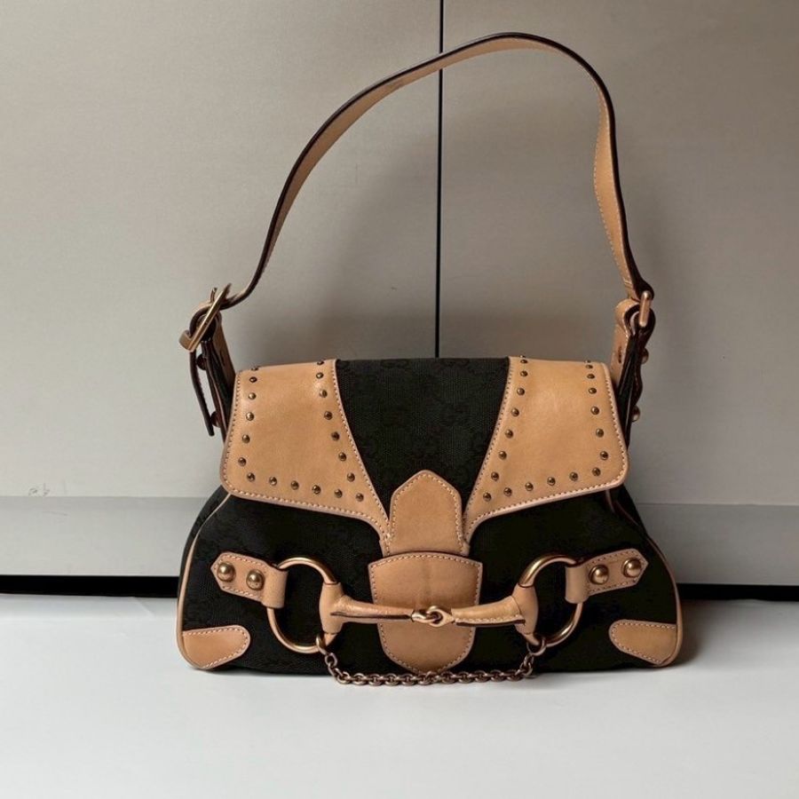 Gucci 駝皮邊黑logo布搖滾系列肩側包-0