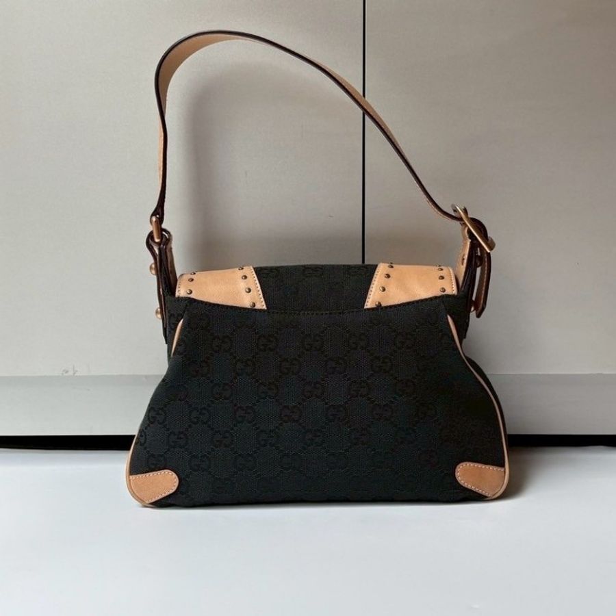 Gucci 駝皮邊黑logo布搖滾系列肩側包-1
