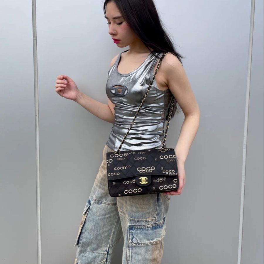 「JL精品代購」 9新 Chanel 香奈兒黑色 coco 字母cf25-2