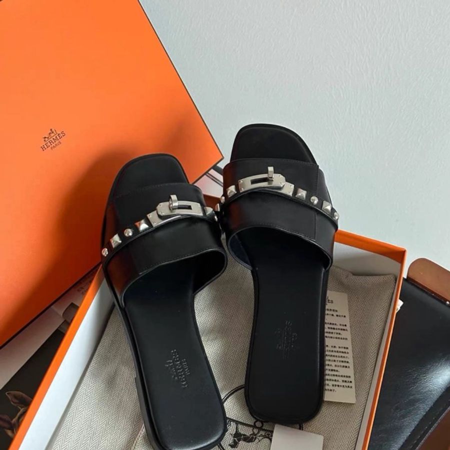 hermes giulia黑銀kelly扣卯釘平底涼拖鞋 37.5號全新配件塵袋盒子-2