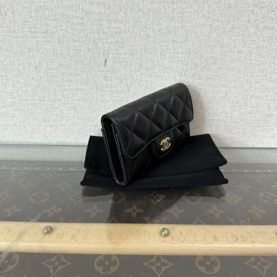 CHANEL 黑金CF荔枝牛皮短夾11*7*2 全新閒置配件:盒子塵袋保卡-1