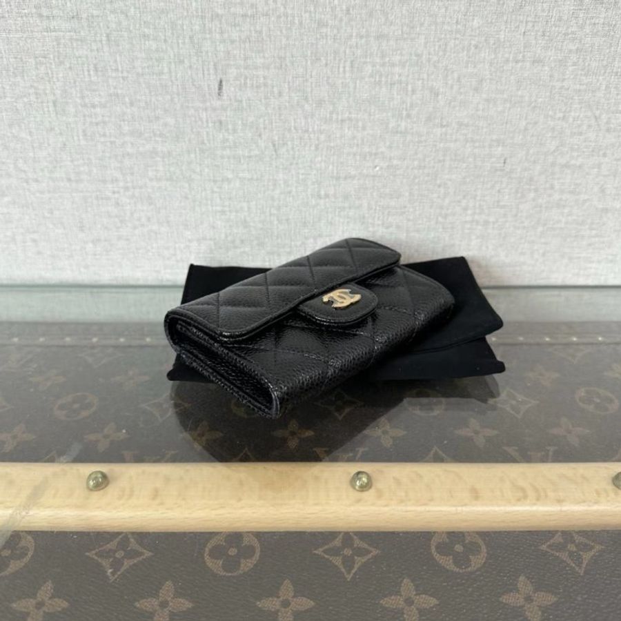 CHANEL 黑金CF荔枝牛皮短夾11*7*2 全新閒置配件:盒子塵袋保卡-2