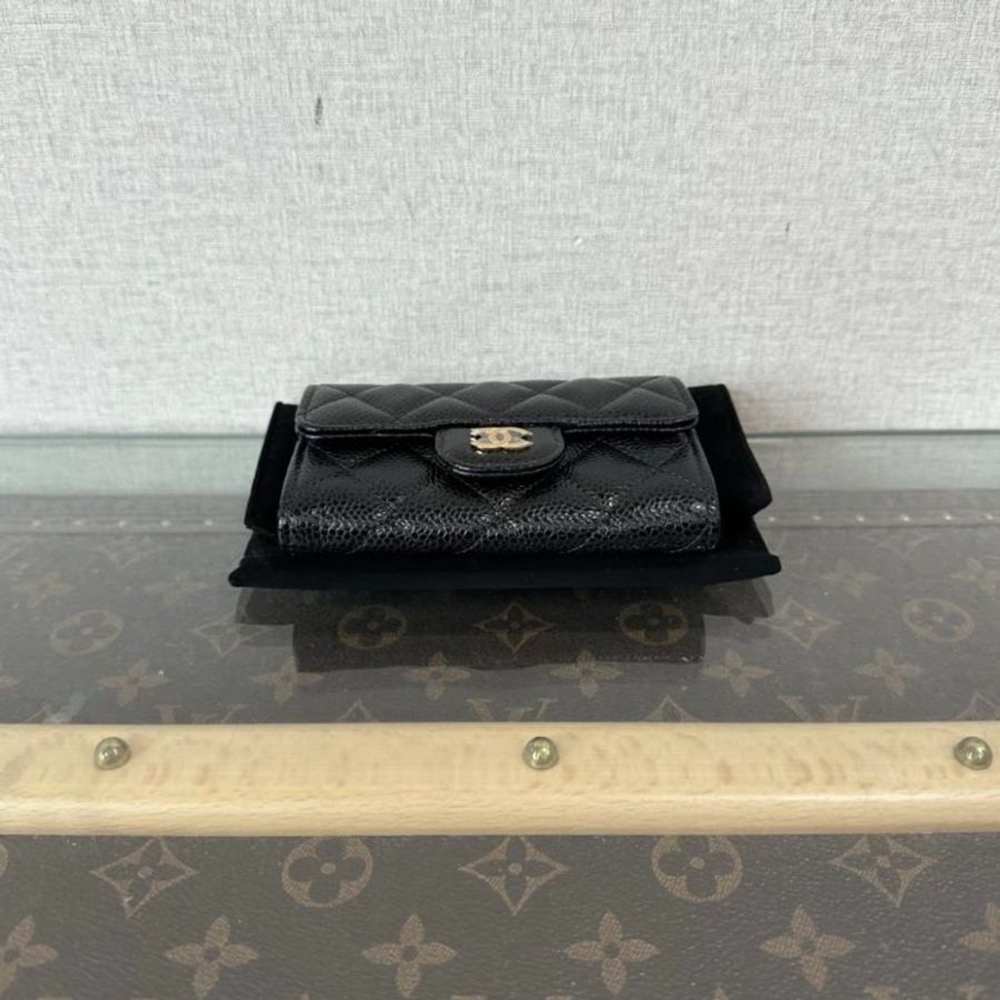 CHANEL 黑金CF荔枝牛皮短夾11*7*2 全新閒置配件:盒子塵袋保卡-3