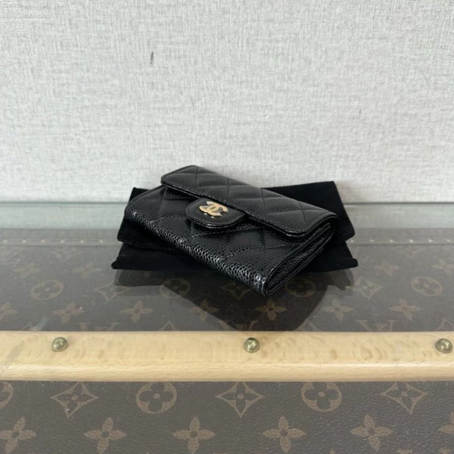 CHANEL 黑金CF荔枝牛皮短夾11*7*2 全新閒置配件:盒子塵袋保卡-4