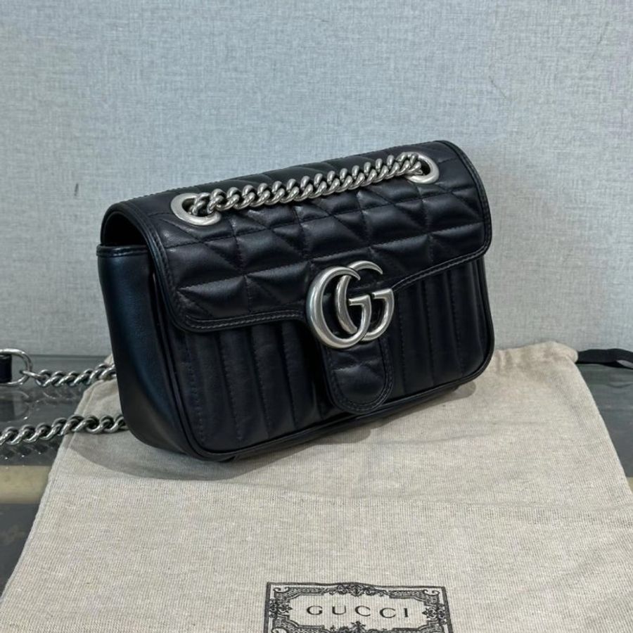 GUCCI 黑銀Marmont馬蒙22肩背斜背鏈條包 21*14*6 98新配件塵袋-1