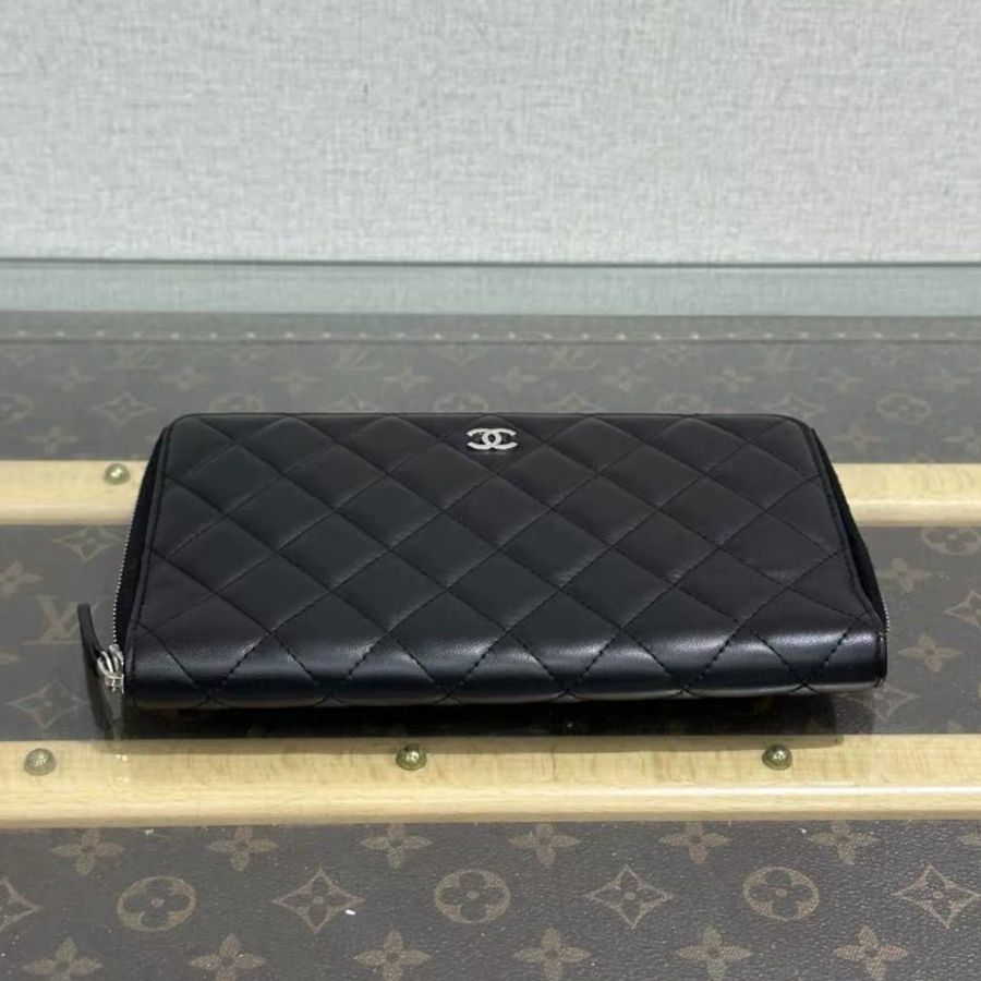 CHANEL 黑色銀扣菱格紋長款拉鍊錢包20*13*2  98新-3