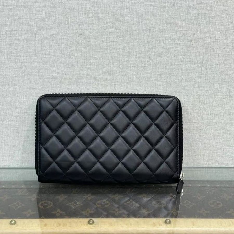 CHANEL 黑色銀扣菱格紋長款拉鍊錢包20*13*2  98新-5