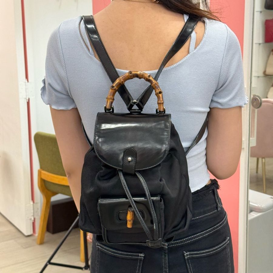 Gucci 竹節尼龍黑色小後背包-3