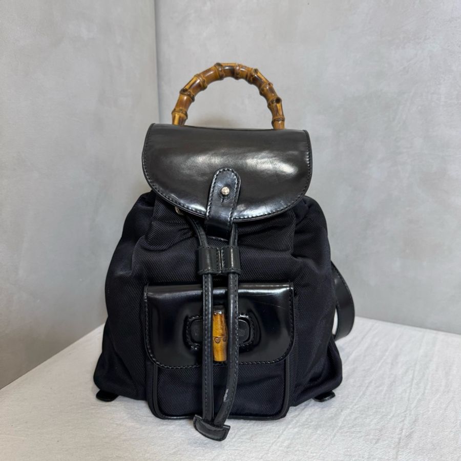 Gucci 竹節尼龍黑色小後背包-5