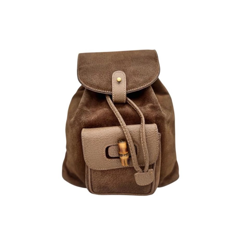 【赫蒂國際精品】 Gucci 古馳 竹子麂皮絨面咖後背包 vintage-0