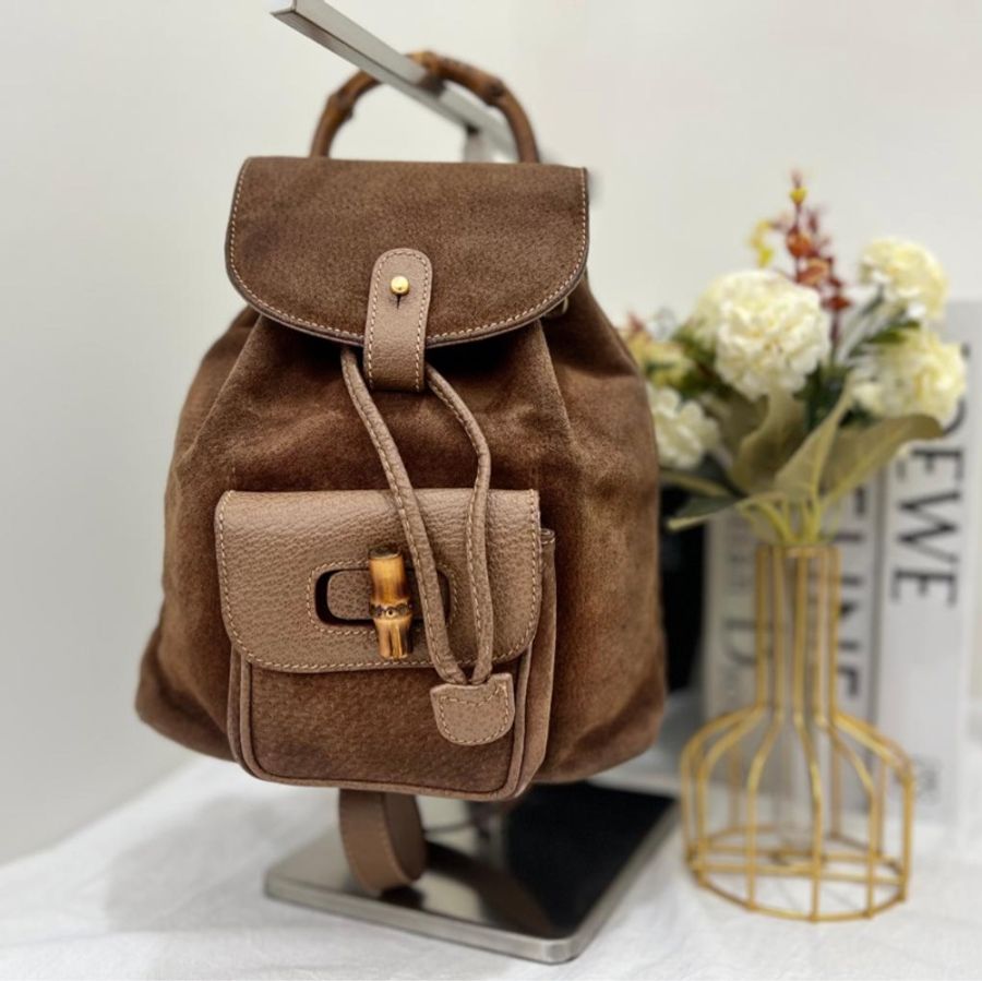 Gucci 竹子麂皮絨面咖後背包-1