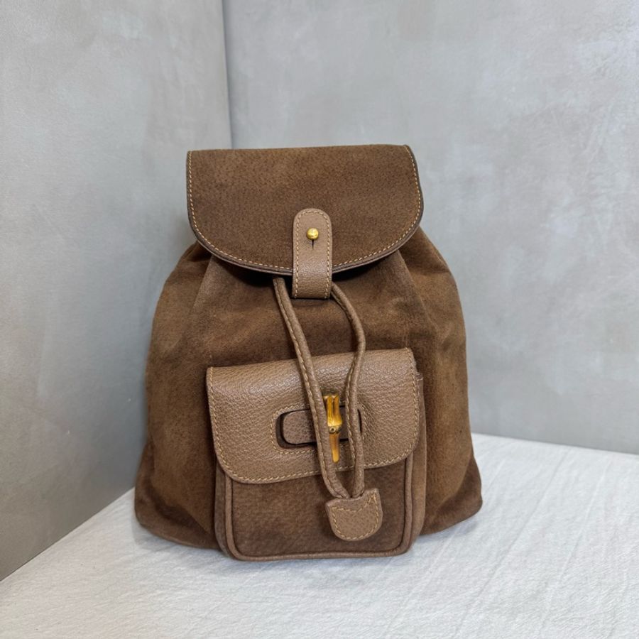 Gucci 竹子麂皮絨面咖後背包-4