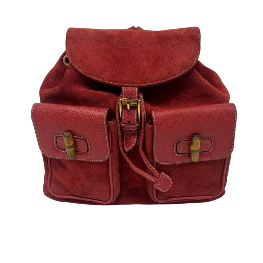 【赫蒂國際精品】 Gucci 古馳 竹子大絨面紅後背包 vintage-0