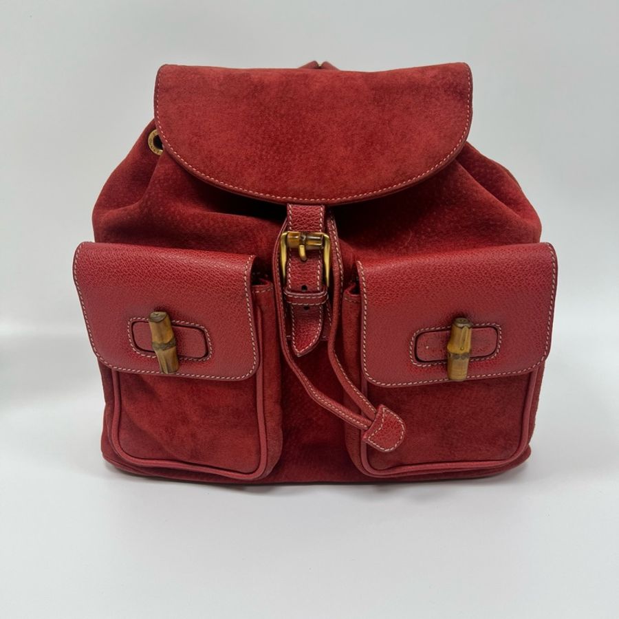 Gucci 竹子大絨面紅後背包-1