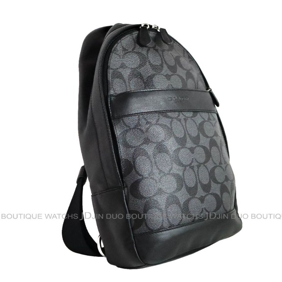 金鐸精品~2458 COACH CHARLES F54787 黑灰色C-LOGO字紋PVC帆布斜背胸口包 全新品-2