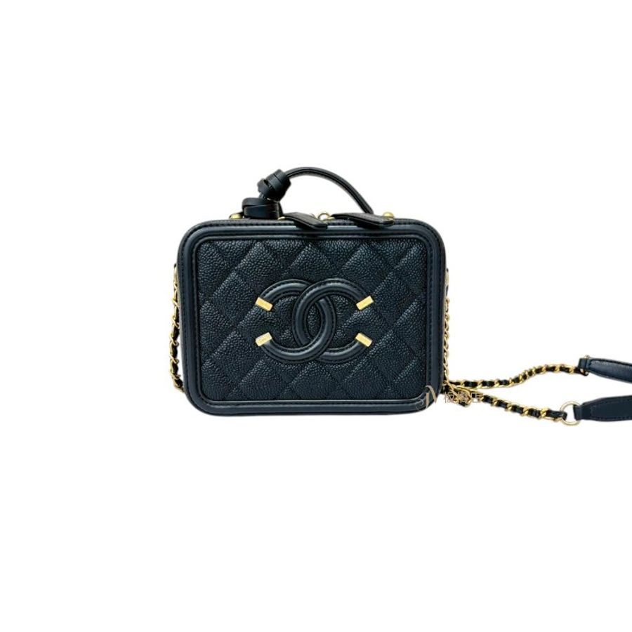 chanel 包包vanity case黑金粒紋牛皮大C logo化妝箱小號鏈包17cm-0